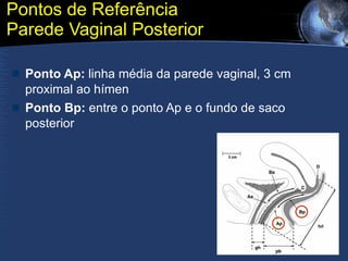 Pontos de Referência Parede Vaginal Posterior Ponto Ap:  linha média da parede vaginal, 3 cm proximal ao hímen Ponto Bp:  entre o ponto Ap e o fundo de saco posterior  