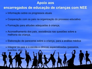 Apoio aos
encarregados de educação de crianças com NEE
» Informação sobre os progressos atuais
» Cooperação com os pais na organização do processo educativo
» Formação para atitudes adequadas à criança,
» Aconselhamento dos pais, assistência nas questões sobre a
melhoria da criança,
» Elaboração de pareceres sobre a criança, para a análise médica
» Integrar os pais e a escola e clínicas especializadas (passeios,
eventos, etc)
 