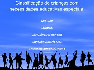 Classificação de crianças com
necessidades educativas especiais
INVISUAIS
SURDOS
DEFICIÊNCIAS MENTAIS
DEFICIÊNCIAS FÍSICAS
CRIANÇAS SUPERDOTADAS
 