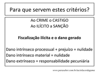 Para que servem estes critérios?
             Ao CRIME o CASTIGO
             Ao ILÍCITO a SANÇÃO

      Fiscalização ilícita e o dano gerado

Dano intrínseco processual + prejuízo = nulidade
Dano intrínseco material = nulidade
Dano extrínseco = responsabilidade pecuniária
                         www.parasaber.com.br/taciolacerdagama
 