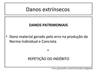 Danos extrínsecos

             DANOS PATRIMONIAIS

• Dano material gerado pelo erro na produção da
  Norma Individual e Concreta

                       =

            REPETIÇÃO DO INDÉBITO

                           www.parasaber.com.br/taciolacerdagama
 