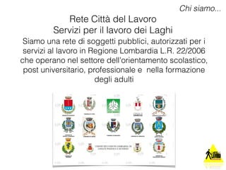 Chi siamo... 
Rete Città del Lavoro 
Servizi per il lavoro dei Laghi 
Siamo una rete di soggetti pubblici, autorizzati per i 
servizi al lavoro in Regione Lombardia L.R. 22/2006 
che operano nel settore dell'orientamento scolastico, 
post universitario, professionale e nella formazione 
degli adulti 
 