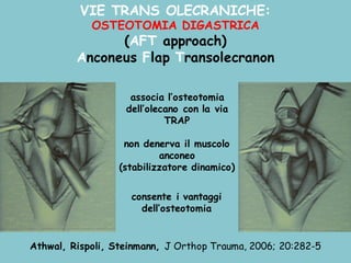VIE TRANS OLECRANICHE:
OSTEOTOMIA DIGASTRICA
(AFT approach)
Anconeus Flap Transolecranon
Athwal, Rispoli, Steinmann, J Orthop Trauma, 2006; 20:282-5
associa l’osteotomia
dell’olecano con la via
TRAP
non denerva il muscolo
anconeo
(stabilizzatore dinamico)
consente i vantaggi
dell’osteotomia
 