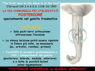 LA VIA CHIRURGICA PIÙ UTILIZZATA È
POSTERIORE
specialmente nel gomito traumatico
“The front door to the elbow is at the back”
O’Driscoll SW J.A.A.O.S. 1:106-116 1993
Ø Possibilità di accedere profondamente a
tutti i compartimenti del gomito
(posteriore, laterale, mediale, anteriore)
e a tutte le possibili lesioni
osteo-legamentose:
VANTAGGI
“POSTERIOR UNIVERSAL or GLOBAL APPROACH”
Ø Solo pochi nervi sottocutanei
attraversano l’incisione
Ø La stessa incisione potrà essere ripetuta
in futuro più volte, se necessario
(es. artrolisi, risintesi, protesi)
 