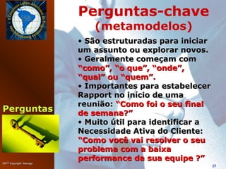 20072007©©
Copyright InterageCopyright Interage
25
Perguntas
Perguntas-chave
(metamodelos)
• São estruturadas para iniciarSão estruturadas para iniciar
um assunto ou explorar novos.um assunto ou explorar novos.
• Geralmente começam comGeralmente começam com
“como”, “o que”, “onde”,“como”, “o que”, “onde”,
“qual” ou “quem”.“qual” ou “quem”.
• Importantes para estabelecerImportantes para estabelecer
Rapport no início de umaRapport no início de uma
reunião:reunião: “Como foi o seu final“Como foi o seu final
de semana?”de semana?”
• Muito útil para identificar aMuito útil para identificar a
Necessidade Ativa do Cliente:Necessidade Ativa do Cliente:
“Como você vai resolver o seu“Como você vai resolver o seu
problema com a baixaproblema com a baixa
performance da sua equipe ?”performance da sua equipe ?”
 
