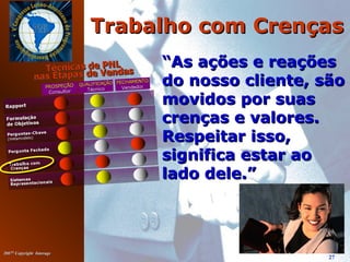 20072007©©
Copyright InterageCopyright Interage
27
Trabalho com CrençasTrabalho com Crenças
““As ações e reaçõesAs ações e reações
do nosso cliente, sãodo nosso cliente, são
movidos por suasmovidos por suas
crenças e valores.crenças e valores.
Respeitar isso,Respeitar isso,
significa estar aosignifica estar ao
lado dele.”lado dele.”
 