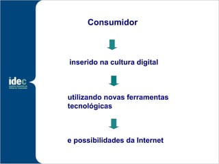 Consumidor



inserido na cultura digital



utilizando novas ferramentas
tecnológicas



e possibilidades da Internet
 