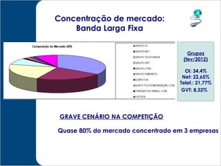 38

Concentração de mercado:
    Banda Larga Fixa


                                      Grupos
                                    (fev/2012)

                                     Oi: 34,4%
                                    Net: 22,65%
                                   Telef.: 21,77%
                                    GVT: 8,32%




 GRAVE CENÁRIO NA COMPETIÇÃO

Quase 80% do mercado concentrado em 3 empresas
 