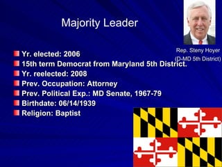 Rep. Steny Hoyer  (D-MD 5th District)   Yr. elected: 2006 15th term Democrat from Maryland 5th District. Yr. reelected: 2008 Prev. Occupation: Attorney  Prev. Political Exp.: MD Senate, 1967-79 Birthdate: 06/14/1939  Religion: Baptist  Majority Leader 