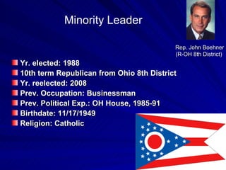 Rep. John Boehner (R-OH 8th District)  Yr. elected: 1988 10th term Republican from Ohio 8th District Yr. reelected: 2008 Prev. Occupation: Businessman  Prev. Political Exp.: OH House, 1985-91  Birthdate: 11/17/1949  Religion: Catholic  Minority Leader 