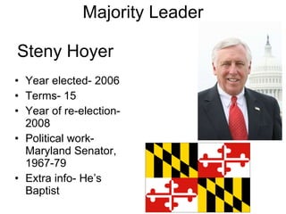 Majority Leader Year elected- 2006 Terms- 15 Year of re-election- 2008 Political work- Maryland Senator, 1967-79 Extra info- He’s Baptist Steny Hoyer 