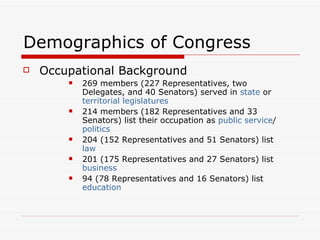 Demographics of Congress Occupational Background 269 members (227 Representatives, two Delegates, and 40 Senators) served in  state  or  territorial legislatures   214 members (182 Representatives and 33 Senators) list their occupation as  public service / politics   204 (152 Representatives and 51 Senators) list  law   201 (175 Representatives and 27 Senators) list  business   94 (78 Representatives and 16 Senators) list  education   