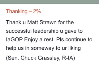 Thanking – 2%

Thank u Matt Strawn for the
successful leadership u gave to
IaGOP Enjoy a rest. Pls continue to
help us in someway to ur liking
(Sen. Chuck Grassley, R-IA)
 
