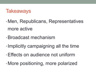 Takeaways
• Men, Republicans, Representatives
more active
• Broadcast mechanism

• Implicitly campaigning all the time

• Effects on audience not uniform

• More positioning, more polarized
 