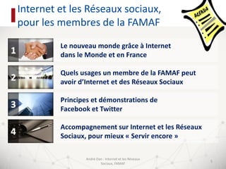 Le nouveau monde grâce à Internet
dans le Monde et en France
Quels usages un membre de la FAMAF peut
avoir d’Internet et d...