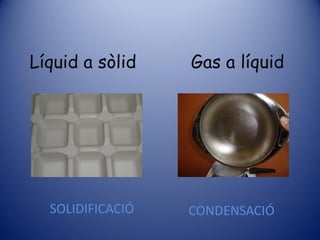 Líquid a sòlid    Gas a líquid




  SOLIDIFICACIÓ   CONDENSACIÓ
 