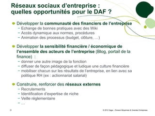 Réseaux sociaux d’entreprise :
 quelles opportunités pour le DAF ?
     Développer la communauté des financiers de l’entreprise
     − Echange de bonnes pratiques avec des Wiki
     − Accès dynamique aux normes, procédures
     − Animation des processus (budget, clôture, …)

     Développer la sensibilité financière / économique de
     l’ensemble des acteurs de l’entreprise (Blog, portail de la
     finance) :
     − donner une autre image de la fonction
     − diffuser de façon pédagogique et ludique une culture financière
     − mobiliser chacun sur les résultats de l’entreprise, en lien avec sa
       politique RH (ex : actionnariat salarial)

     Construire, renforcer des réseaux externes
     −   Recrutements
     −   Identification d’expertise de niche
     −   Veille réglementaire
     −   …
31                                                      © 2012 Sage – Division Moyennes & Grandes Entreprises
 