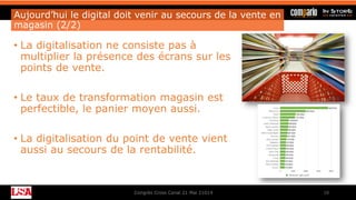 Aujourd’hui le digital doit venir au secours de la vente en
magasin (2/2)
• La digitalisation ne consiste pas à
multiplier la présence des écrans sur les
points de vente.
• Le taux de transformation magasin est
perfectible, le panier moyen aussi.
• La digitalisation du point de vente vient
aussi au secours de la rentabilité.
Congrès Cross Canal 21 Mai 21014 10
 