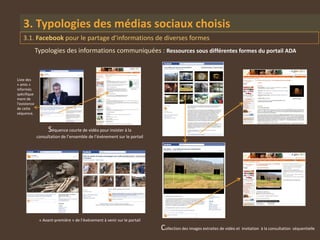 3. Typologies des médias sociaux choisis
    3.1. Facebook pour le partage d’informations de diverses formes
              Typologies des informations communiquées : Ressources sous différentes formes du portail ADA


Liste des
« amis »
informés
spécifique
ment de
l’existence
de cette
séquence.



                    S équence courte de vidéo pour insister à la
              consultation de l’ensemble de l’événement sur le portail




               « Avant-première » de l’événement à venir sur le portail
                                                                          Collection des images extraites de vidéo et invitation à la consultation séquentielle
 