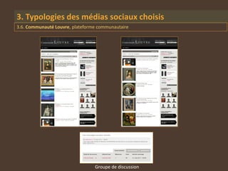 3. Typologies des médias sociaux choisis
3.6. Communauté Louvre, plateforme communautaire




                                 Groupe de discussion
 