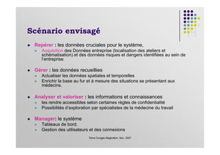 Scénario envisagé
Repérer : les données cruciales pour le système,
Acquisition des Données entreprise (localisation des ateliers et
schématisation) et des données risques et dangers identifiées au sein de
l’entreprise
Gérer : les données recueillies
Actualiser les données spatiales et temporelles
7ème Congès Maghrébin, Nov. 2007
Actualiser les données spatiales et temporelles
Enrichir la base au fur et à mesure des situations se présentant aux
médecins.
Analyser et valoriser : les informations et connaissances
les rendre accessibles selon certaines règles de confidentialité
Possibilités d’exploration par spécialistes de la médecine du travail
Manager: le système
Tableaux de bord.
Gestion des utilisateurs et des connexions
 