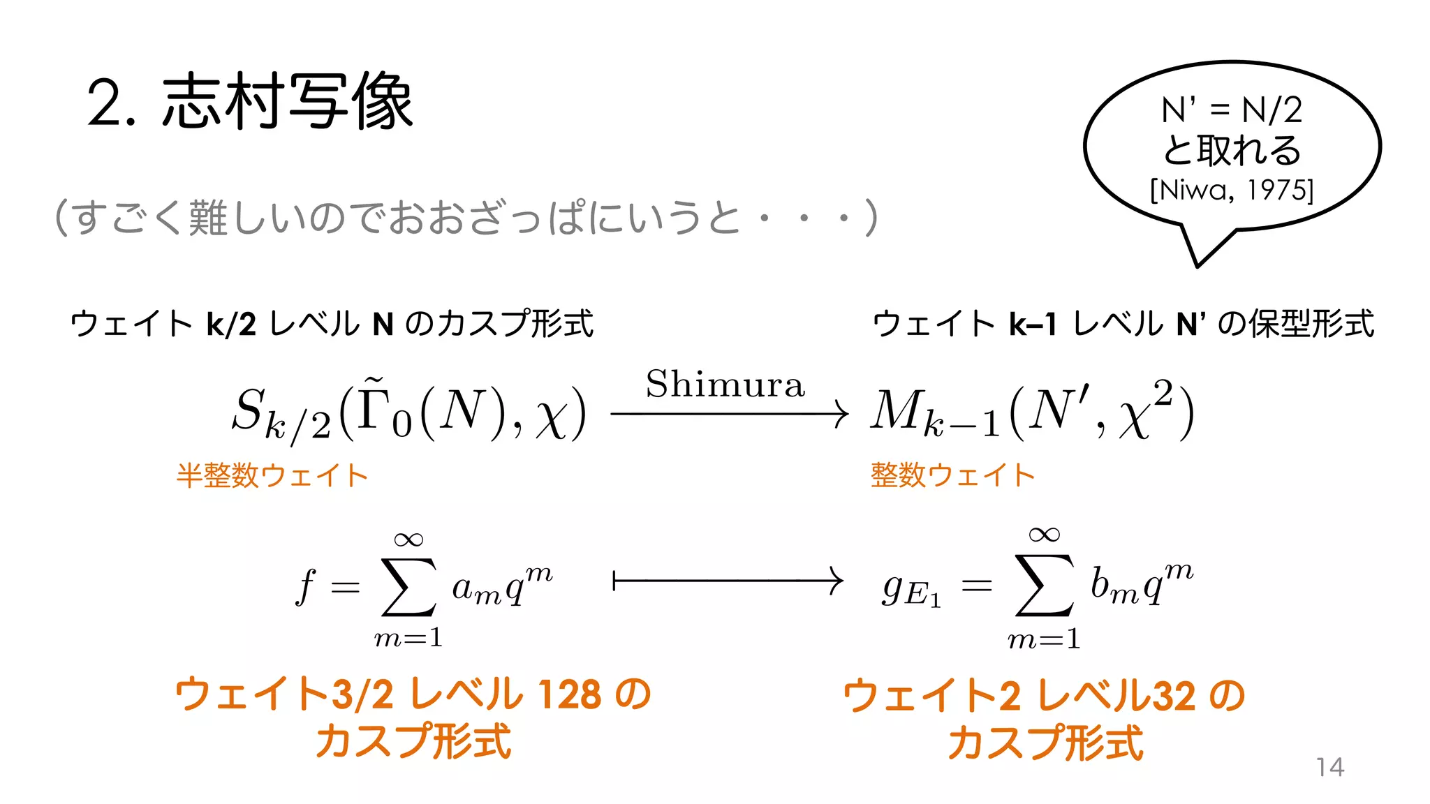 2.
k/2 N k–1 N’
Sk/2(˜0(N), )
Shimura
! Mk 1(N0
, 2
)
N’ = N/2
Niwa 1975]
2 32
gE1 =
1X
m=1
bmqm
7 !
3/2 128
f =
1X
m=1
amqm
 