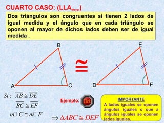 Dos triángulos son congruentes si tienen 2 lados de
igual medida y el ángulo que en cada triángulo se
oponen al mayor de dichos lados deben ser de igual
medida .
A
B
C D
E
F
:
Si AB DE

BC EF

m C m F

IMPORTANTE
A lados iguales se oponen
ángulos iguales o que a
ángulos iguales se oponen
lados iguales.
CUARTO CASO: (LLAMayor)
ABC DEF

 
Ejemplo:

 