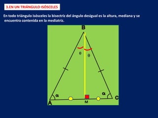 3.EN UN TRIÁNGULO ISÓSCELES

En todo triángulo isósceles la bisectriz del ángulo desigual es la altura, mediana y se
encuentra contenida en la mediatriz.




                                                   M
 
