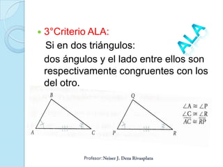    3°Criterio ALA:
    Si en dos triángulos:
    dos ángulos y el lado entre ellos son
    respectivamente congruentes con los
    del otro.
 
