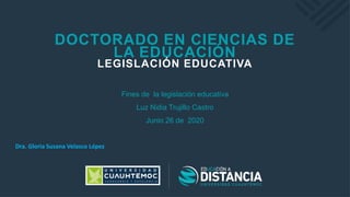 DOCTORADO EN CIENCIAS DE
LA EDUCACIÓN
LEGISLACIÓN EDUCATIVA
Fines de la legislación educativa
Luz Nidia Trujillo Castro
Junio 26 de 2020
Dra. Gloria Susana Velasco López
 