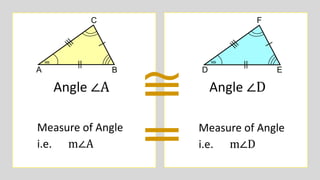 Angle ∠A Angle ∠D
Measure of Angle
i.e. m∠A
Measure of Angle
i.e. m∠D
 