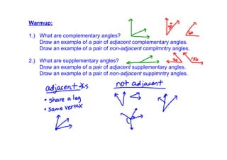 Warmup:

1.)   What are complementary angles?
      Draw an example of a pair of adjacent complementary angles.
      Draw an example of a pair of non­adjacent complmntry angles.

2.)   What are supplementary angles?
      Draw an example of a pair of adjacent supplementary angles.
      Draw an example of a pair of non­adjacent supplmntry angles.
 