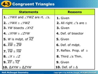 4-3 Congruent Triangles 
Statements Reasons 
1. YWX and YWZ are rt. s. 1. Given 
2. YWX  YWZ 2. All right ’s are  
3. YW bisects XYZ 3. Given 
4. XYW  ZYW 4. Def. of bisector 
5. Given 
6. Def. of mdpt. 
5. W is mdpt. of XZ 
6. XW  ZW 
7. YW  YW 
8. X  Z 8. Third s Thm. 
9. XY  YZ 
Holt McDougal Geometry 
7. Reflex. Prop. of  
9. Given 
10. ΔXYW  ΔZYW 10. Def. of  Δ 
 