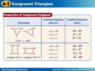 4-3 Congruent Triangles 
Holt McDougal Geometry 
 