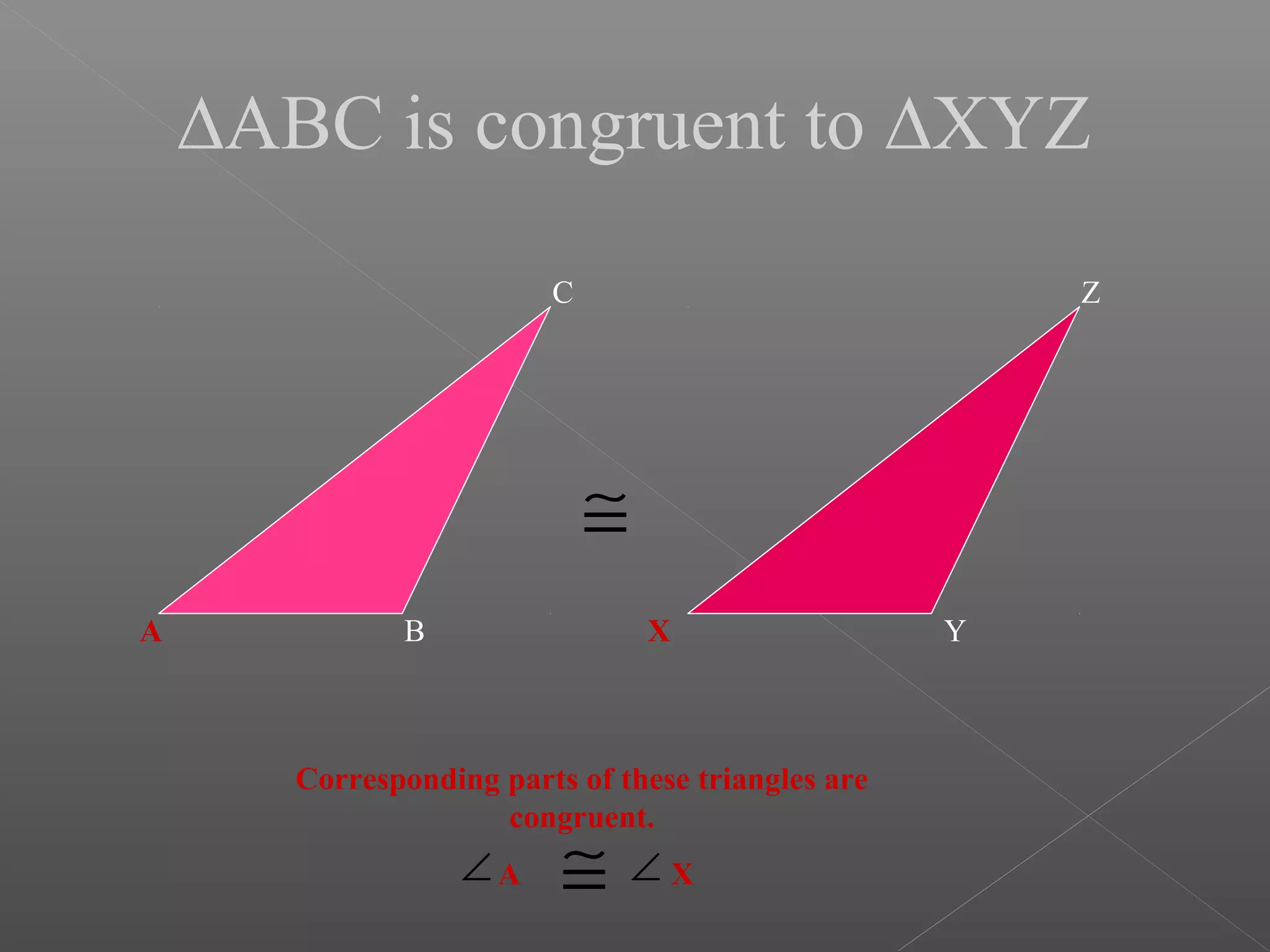 ∆ABC is congruent to ∆XYZ
A B
C
X Y
Z
≅
Corresponding parts of these triangles are
congruent.
A X≅∠ ∠
 