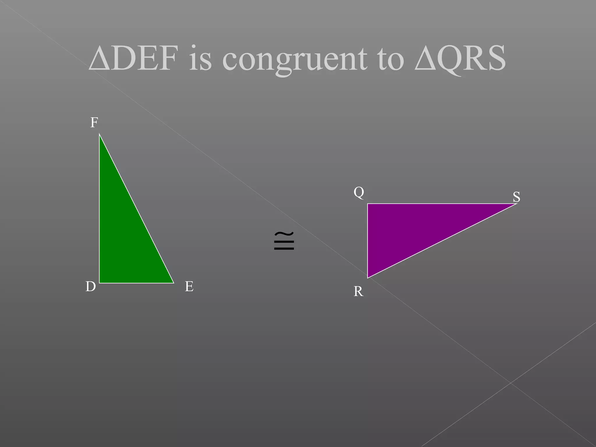 ∆DEF is congruent to ∆QRS
D E
F
≅
Q
R
S
 