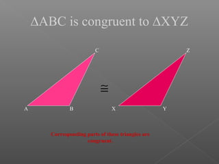 ∆ABC is congruent to ∆XYZ
A B
C
X Y
Z
≅
Corresponding parts of these triangles are
congruent.
 