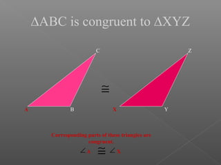 ∆ABC is congruent to ∆XYZ
A B
C
X Y
Z
≅
Corresponding parts of these triangles are
congruent.
A X≅∠ ∠
 