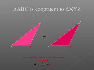 ∆ABC is congruent to ∆XYZ
A B
C
X Y
Z
≅
Corresponding parts of these triangles are
congruent.
B Y≅∠ ∠
 