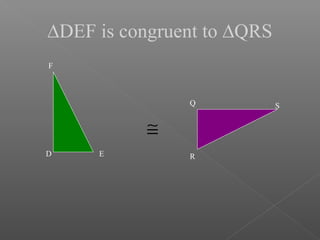 ∆DEF is congruent to ∆QRS
D E
F
≅
Q
R
S
 