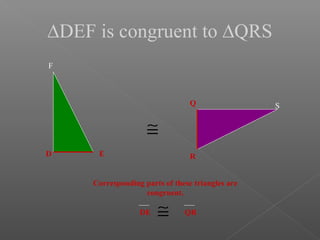 ∆DEF is congruent to ∆QRS
D E
F
Q
R
S
≅
Corresponding parts of these triangles are
congruent.
DE QR≅
 