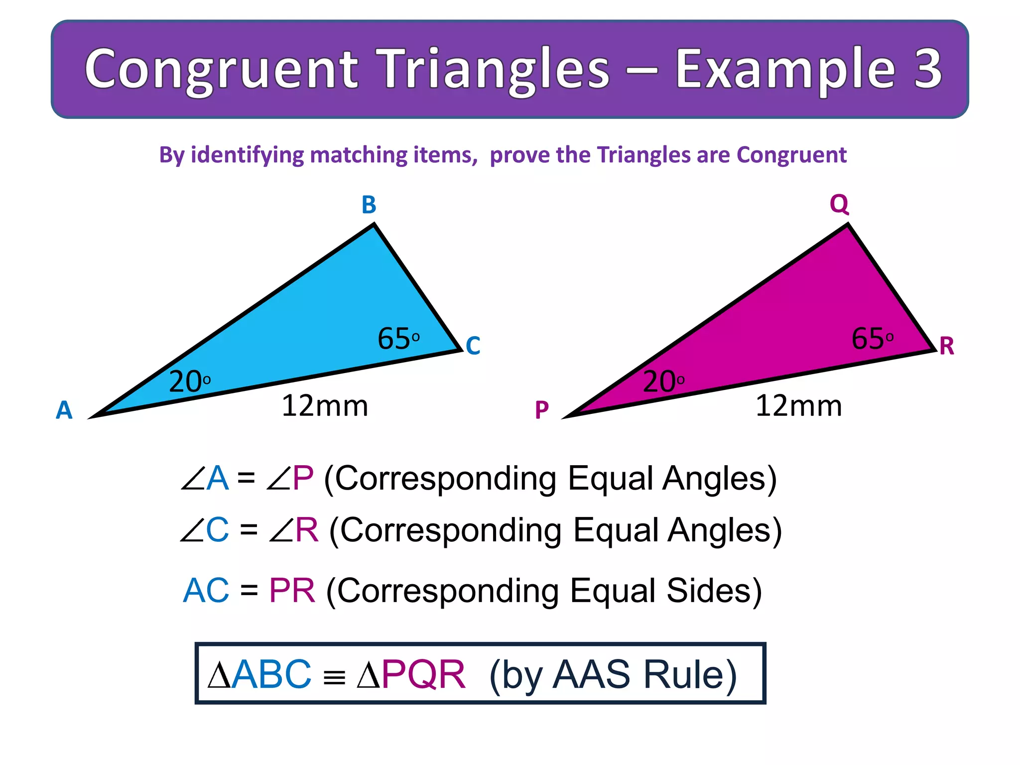 A
B
C
12mm
65o
20o
P
Q
R
12mm
65o
20o
A = P (Corresponding Equal Angles)
C = R (Corresponding Equal Angles)
AC = PR (Corresponding Equal Sides)
ABC PQR (by AAS Rule)
By identifying matching items, prove the Triangles are Congruent
 
