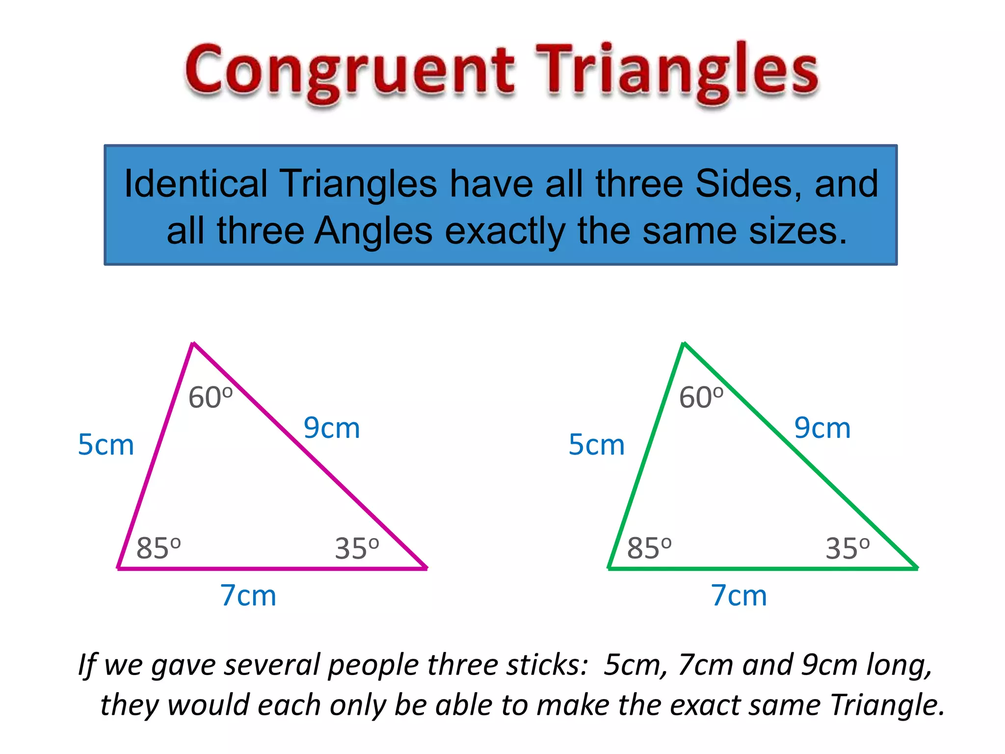 7cm
9cm
Identical Triangles have all three Sides, and
all three Angles exactly the same sizes.
5cm
60o
85o 35o
5cm
9cm
60o
7cm
85o 35o
If we gave several people three sticks: 5cm, 7cm and 9cm long,
they would each only be able to make the exact same Triangle.
 