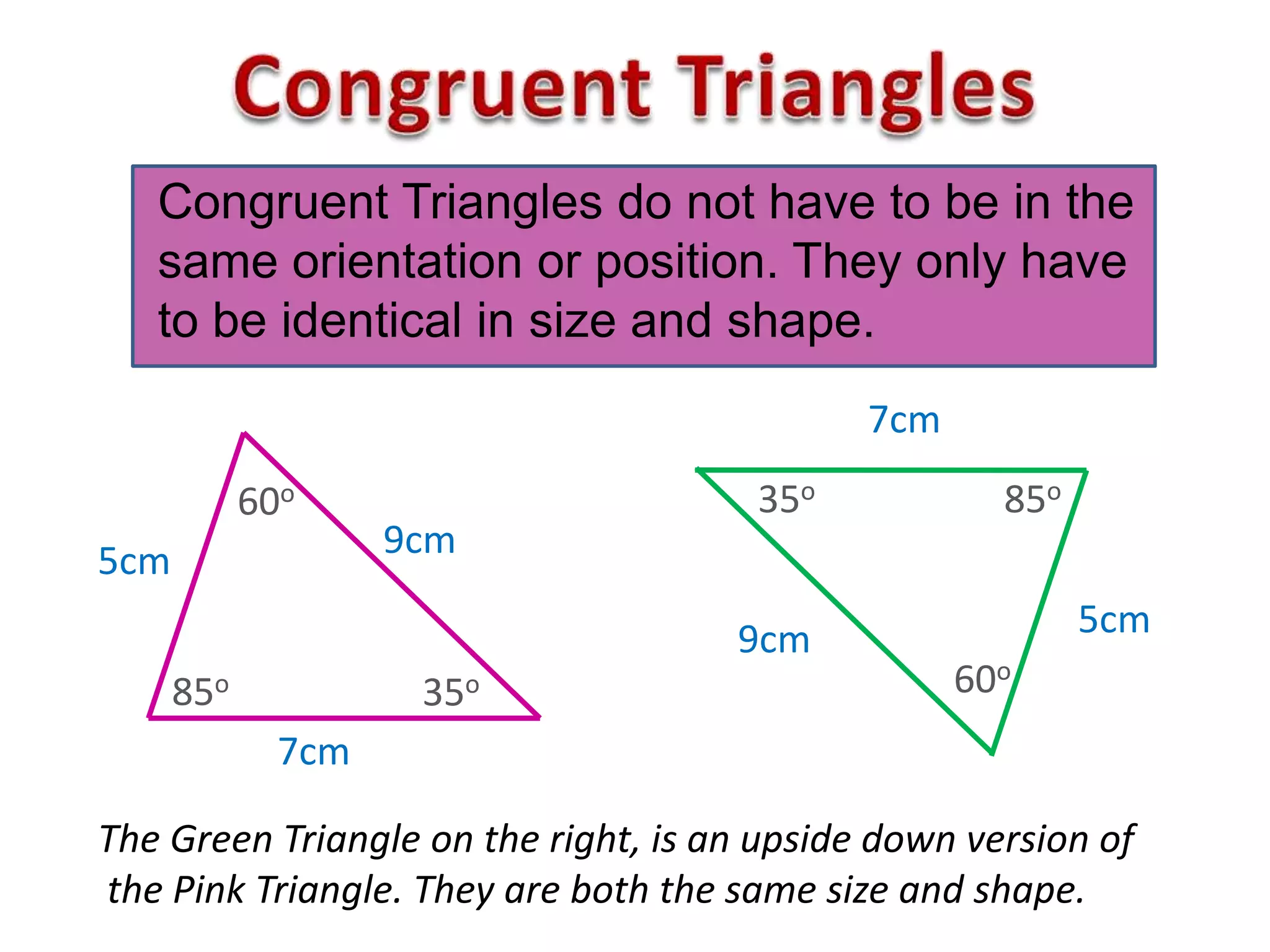 7cm
9cm
Congruent Triangles do not have to be in the
same orientation or position. They only have
to be identical in size and shape.
5cm
60o
85o 35o
5cm9cm
60o
7cm
85o35o
The Green Triangle on the right, is an upside down version of
the Pink Triangle. They are both the same size and shape.
 