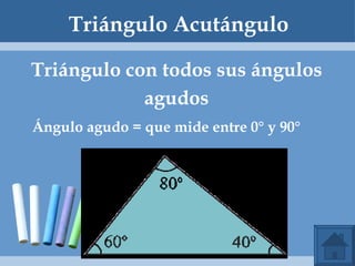Triángulo Acutángulo Triángulo con todos sus ángulos agudos Ángulo agudo = que mide entre 0° y 90° 