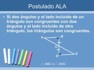 Postulado ALA Si dos ángulos y el lado incluido de un triángulo son congruentes con dos ángulos y el lado incluido de otro triángulo, los triángulos son congruentes. A B C D E ABC     EDC 