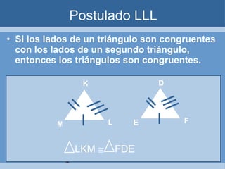 Postulado LLL Si los lados de un triángulo son congruentes con los lados de un segundo triángulo, entonces los triángulos son congruentes. D E F LKM     FDE M L K 