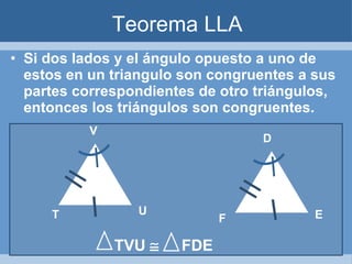 Teorema LLA Si dos lados y el ángulo opuesto a uno de estos en un triangulo son congruentes a sus partes correspondientes de otro triángulos, entonces los triángulos son congruentes. TVU     FDE V T U D F E 