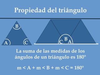 Propiedad del triángulo A   C  B   C  B   A   La suma de las medidas de los ángulos de un triángulo es 180° m < A + m < B + m < C = 180° 