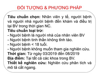ĐỐI TƯỢNG & PHƯƠNG PHÁP
Tiêu chuẩn chọn: Nhân viên y tế, người bệnh
và người nhà người bệnh đến khám và điều trị
tại BV trong thời gian NC.
Tiêu chuẩn loại trừ:
- Người bệnh là người nhà của nhân viên BV
- Người bệnh tinh thần không tỉnh táo.
- Người bệnh < 18 tuổi.
- Người bệnh không muốn tham gia nghiên cứu.
Thời gian: Từ ngày 03/2019 đến 08/2019
Địa điểm: Tại tất cả các khoa trong BV.
Thiết kế nghiên cứu: Nghiên cứu phân tích và
mô tả cắt ngang.
 